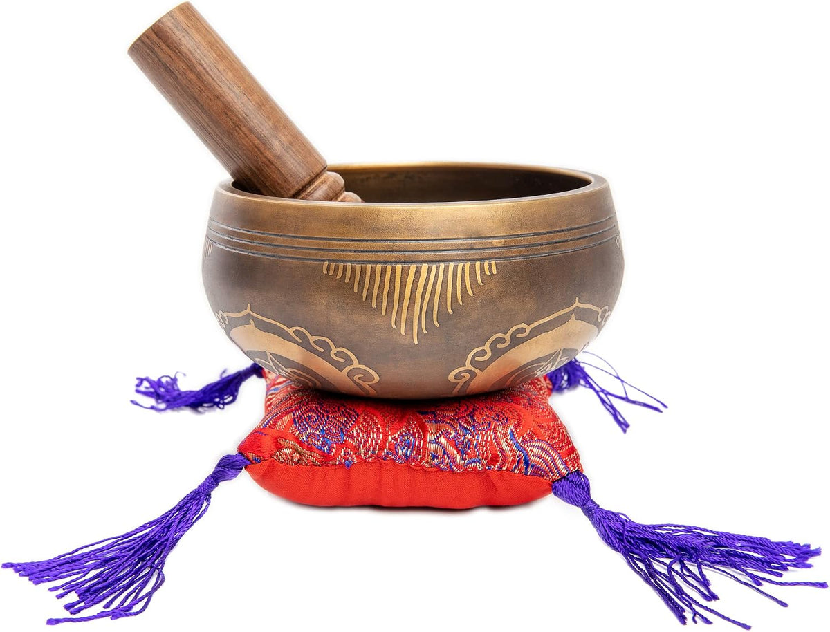 Premium Tibetan Singing Bowl Set – Handmade in Nepal Sound & Meditation Bowl – Spiritual Decor for Yoga, Wellness Spaces & Relaxation (Brown & Red)