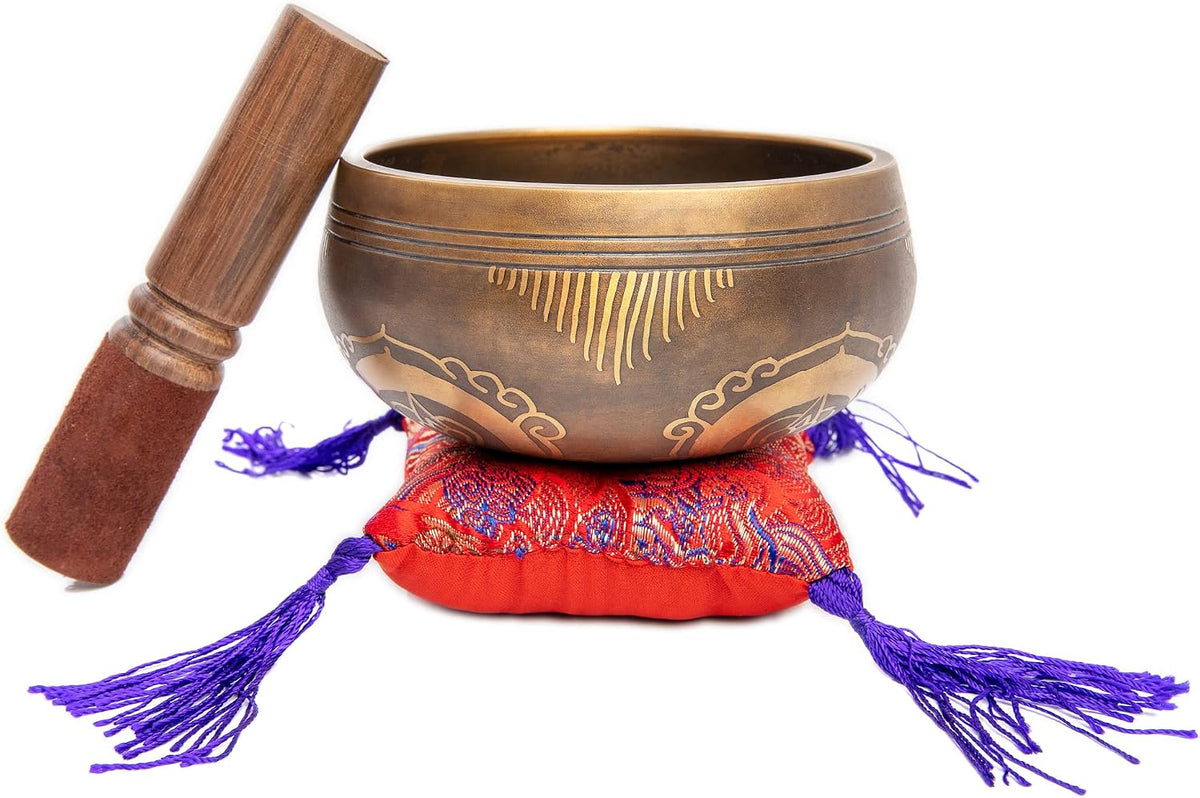 Premium Tibetan Singing Bowl Set – Handmade in Nepal Sound & Meditation Bowl – Spiritual Decor for Yoga, Wellness Spaces & Relaxation (Brown & Red)