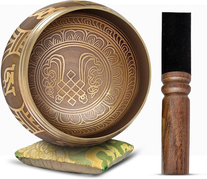 Premium Tibetan Singing Bowl Set – Handmade in Nepal Sound & Meditation Bowl – Spiritual Decor for Yoga, Wellness Spaces & Relaxation (Brown & Red)