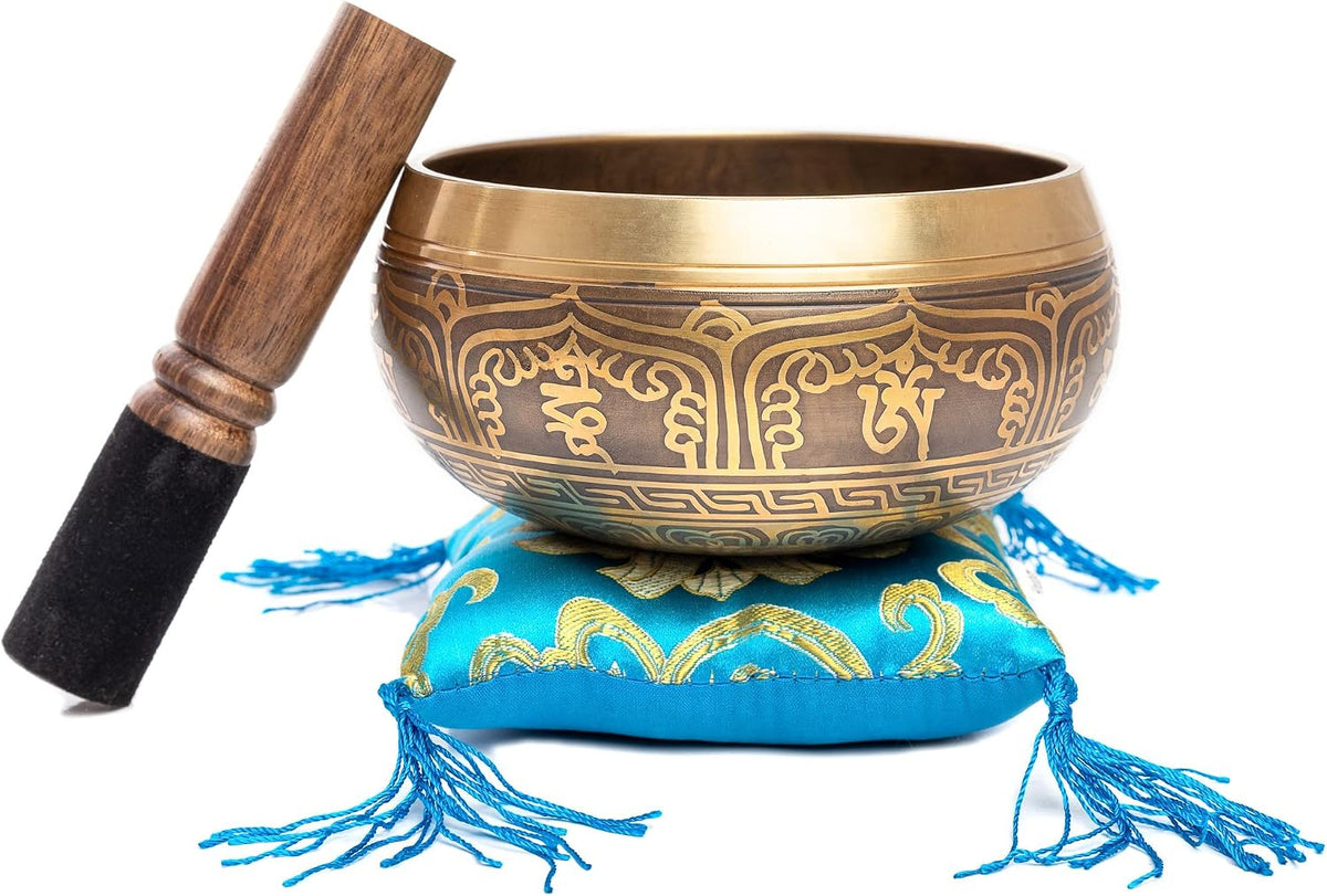 Premium Tibetan Singing Bowl Set – Handmade in Nepal Sound & Meditation Bowl – Spiritual Decor for Yoga, Wellness Spaces & Relaxation (Brown & Red)
