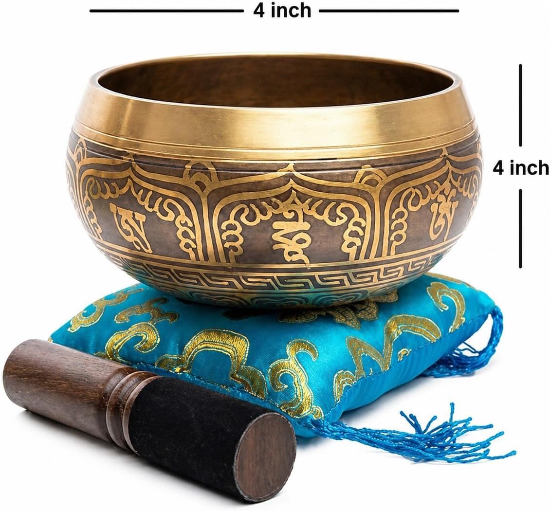 Premium Tibetan Singing Bowl Set – Handmade in Nepal Sound & Meditation Bowl – Spiritual Decor for Yoga, Wellness Spaces & Relaxation (Brown & Red)