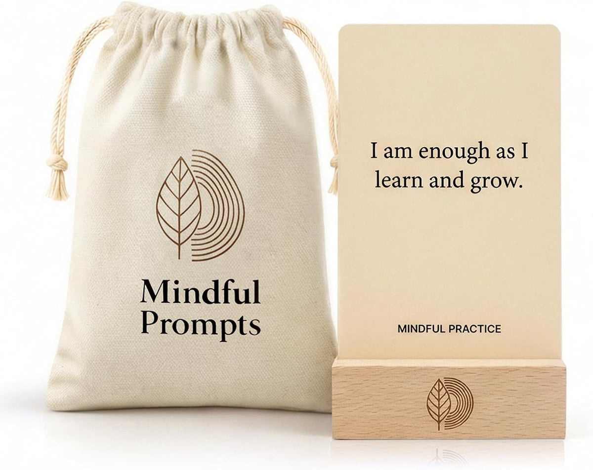 Affirmation Cards, 100 Mindful Prompts with Wooden Display Stand - Daily Affirmations for Inspiration, Mindfulness & Self Care - Unique Affirmation Gifts for Women or Men