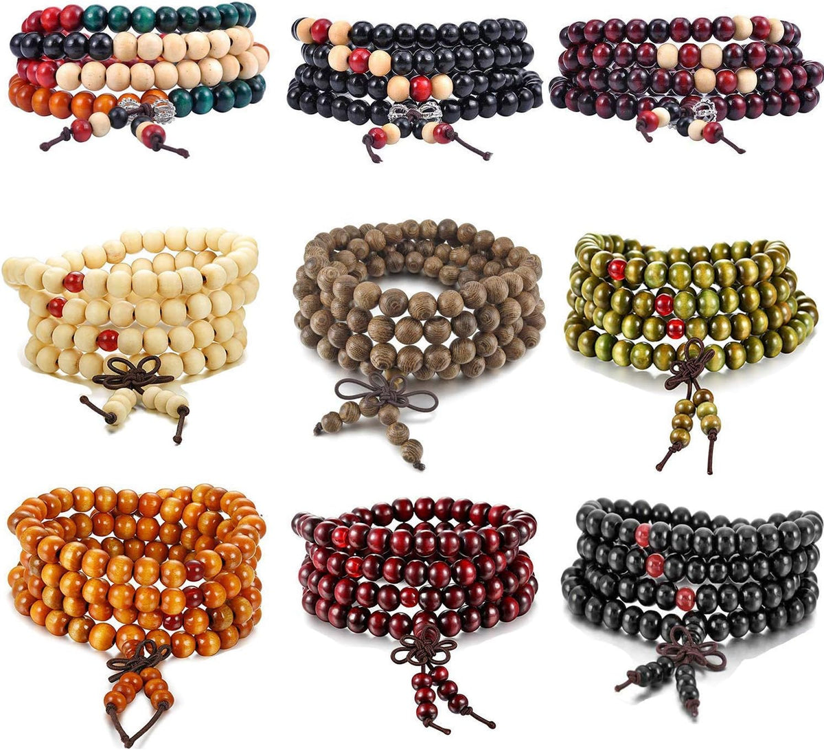 9 Pcs Mens Womens Wood Chain Bracelets, Handmade Multilayer 8MM 108 Buddhist Strand Wood Mala Beaded Elastic Bracelet Necklace-Meditation Prayer Beads for Yoga, Spiritual Protection & Good Luck