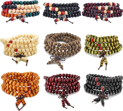9 Pcs Mens Womens Wood Chain Bracelets, Handmade Multilayer 8MM 108 Buddhist Strand Wood Mala Beaded Elastic Bracelet Necklace-Meditation Prayer Beads for Yoga, Spiritual Protection & Good Luck