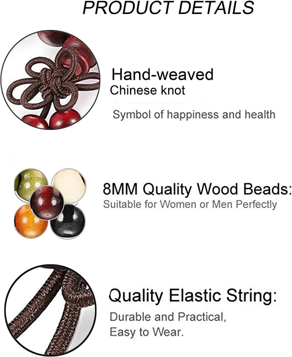 9 Pcs Mens Womens Wood Chain Bracelets, Handmade Multilayer 8MM 108 Buddhist Strand Wood Mala Beaded Elastic Bracelet Necklace-Meditation Prayer Beads for Yoga, Spiritual Protection & Good Luck