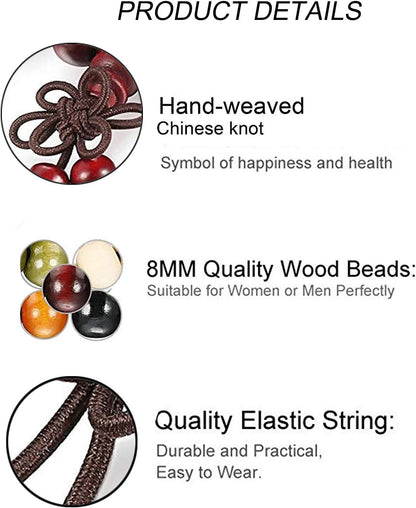 9 Pcs Mens Womens Wood Chain Bracelets, Handmade Multilayer 8MM 108 Buddhist Strand Wood Mala Beaded Elastic Bracelet Necklace-Meditation Prayer Beads for Yoga, Spiritual Protection & Good Luck