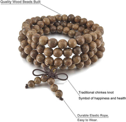 9 Pcs Mens Womens Wood Chain Bracelets, Handmade Multilayer 8MM 108 Buddhist Strand Wood Mala Beaded Elastic Bracelet Necklace-Meditation Prayer Beads for Yoga, Spiritual Protection & Good Luck