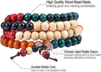 9 Pcs Mens Womens Wood Chain Bracelets, Handmade Multilayer 8MM 108 Buddhist Strand Wood Mala Beaded Elastic Bracelet Necklace-Meditation Prayer Beads for Yoga, Spiritual Protection & Good Luck