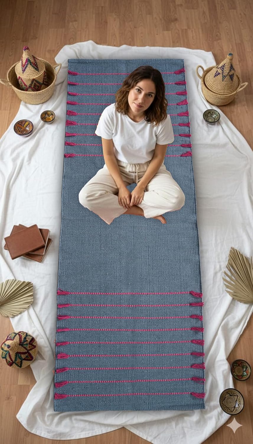 Indian Handmade 100% Organic Cotton Yoga Mat, Hand Woven Rug, Yoga Mat For Everyday Fitness at Home Comfortable Foldable Long Mat