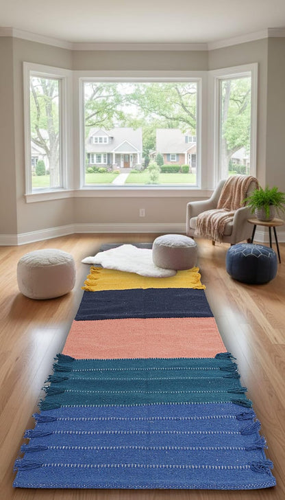 Indian Handmade 100% Organic Cotton Yoga Mat, Hand Woven Rug, Yoga Mat For Everyday Fitness at Home Comfortable Foldable Long Mat