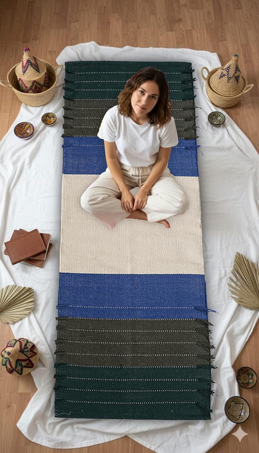 Indian Handmade 100% Organic Cotton Yoga Mat, Hand Woven Rug, Yoga Mat For Everyday Fitness at Home Comfortable Foldable Long Mat