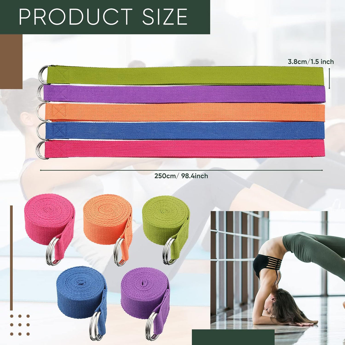 10 Pcs Yoga Strap 8ft Yoga Stretching Exercise Band Stretching Belt with Adjustable Metal D Ring Buckle Loop for Pilates, Dance, Physical Therapy, Gym Workout