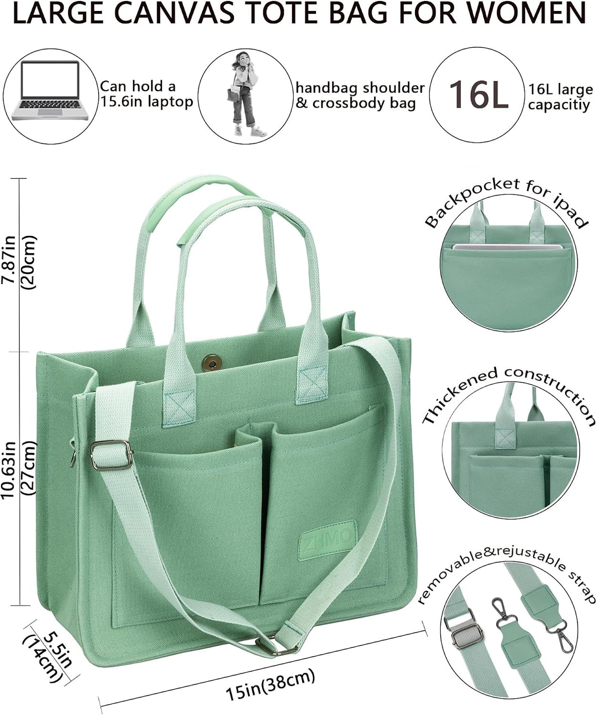 ZHMO Canvas Tote Bag for Women,Women's Bags Crossbody Bags Work Laptop Tote Bag Large Handbags Purse for Travel Nurse Teacher