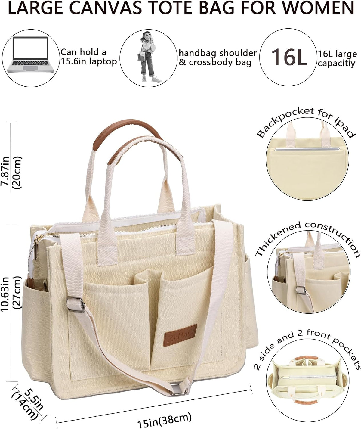 ZHMO Canvas Tote Bag for Women,Women's Bags Crossbody Bags Work Laptop Tote Bag Large Handbags Purse for Travel Nurse Teacher