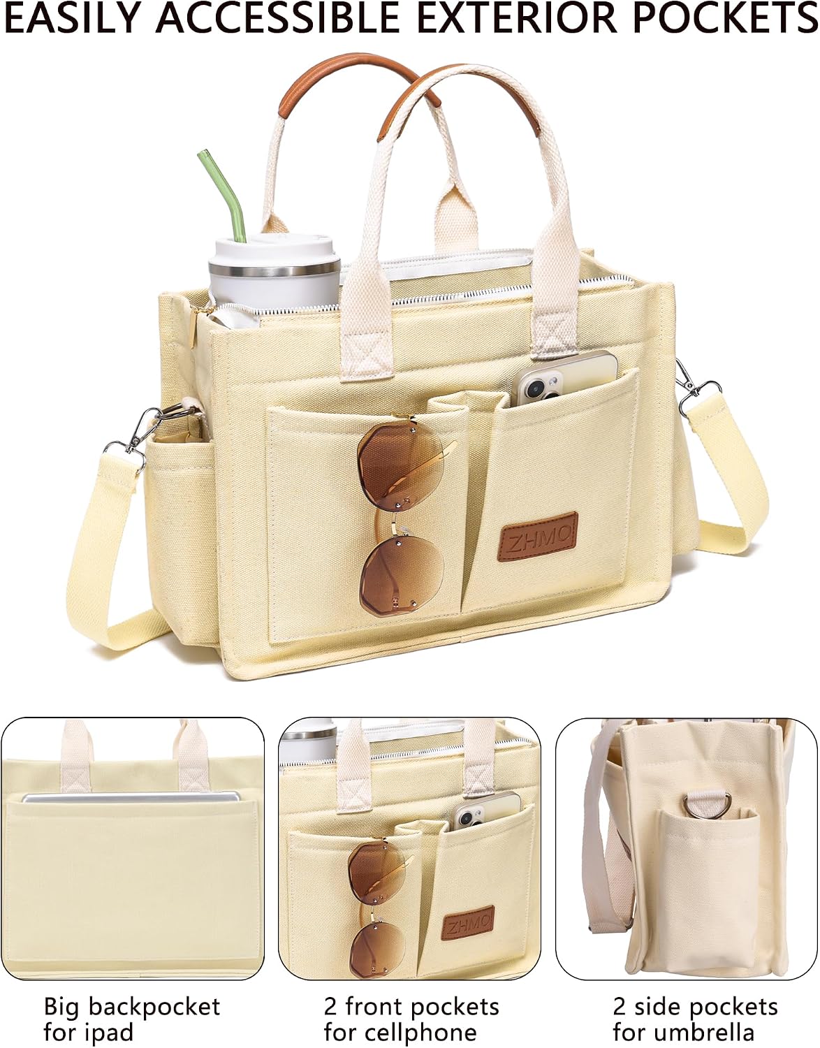 ZHMO Canvas Tote Bag for Women,Women's Bags Crossbody Bags Work Laptop Tote Bag Large Handbags Purse for Travel Nurse Teacher