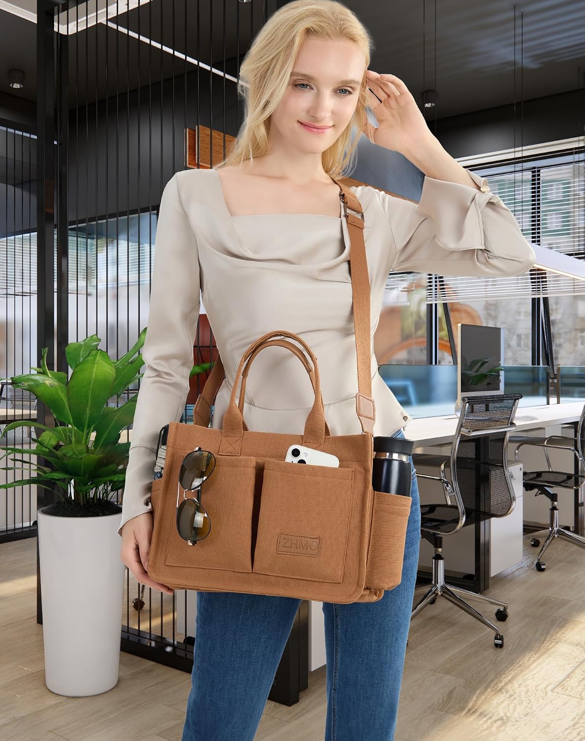 ZHMO Canvas Tote Bag for Women,Women's Bags Crossbody Bags Work Laptop Tote Bag Large Handbags Purse for Travel Nurse Teacher