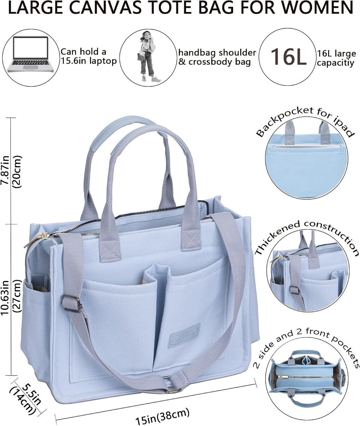 ZHMO Canvas Tote Bag for Women,Women's Bags Crossbody Bags Work Laptop Tote Bag Large Handbags Purse for Travel Nurse Teacher