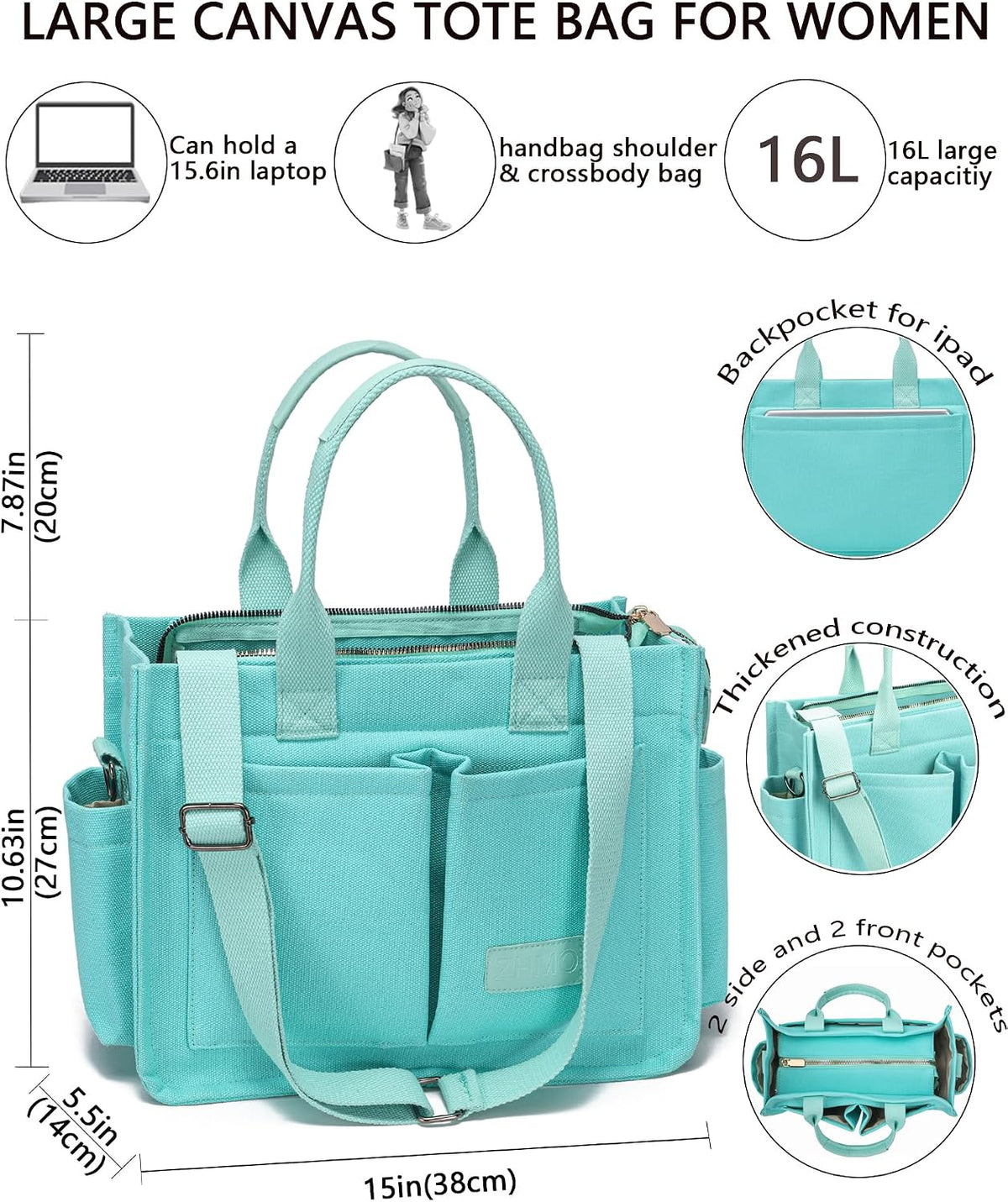 ZHMO Canvas Tote Bag for Women,Women's Bags Crossbody Bags Work Laptop Tote Bag Large Handbags Purse for Travel Nurse Teacher
