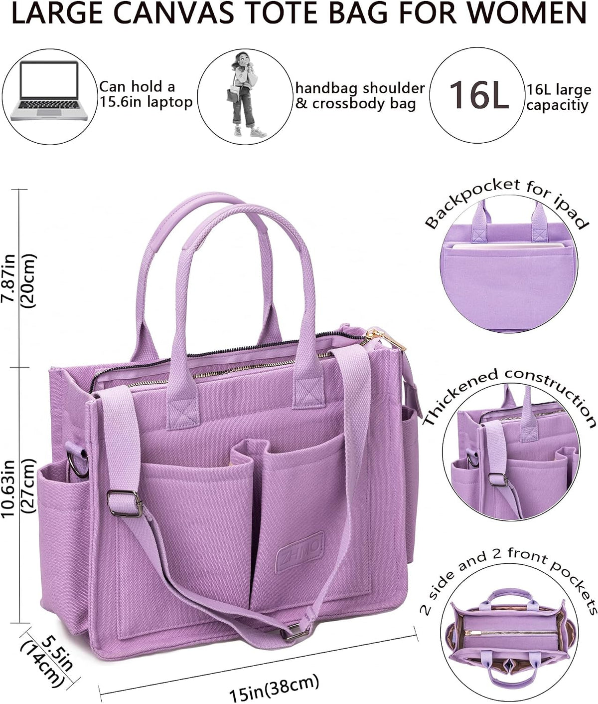 ZHMO Canvas Tote Bag for Women,Women's Bags Crossbody Bags Work Laptop Tote Bag Large Handbags Purse for Travel Nurse Teacher