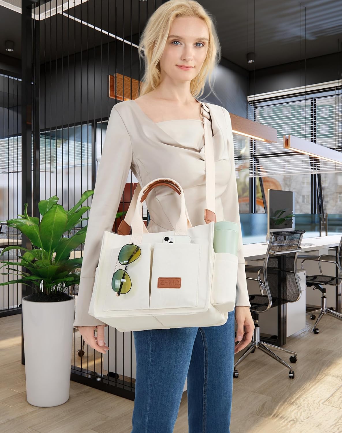 ZHMO Canvas Tote Bag for Women,Women's Bags Crossbody Bags Work Laptop Tote Bag Large Handbags Purse for Travel Nurse Teacher