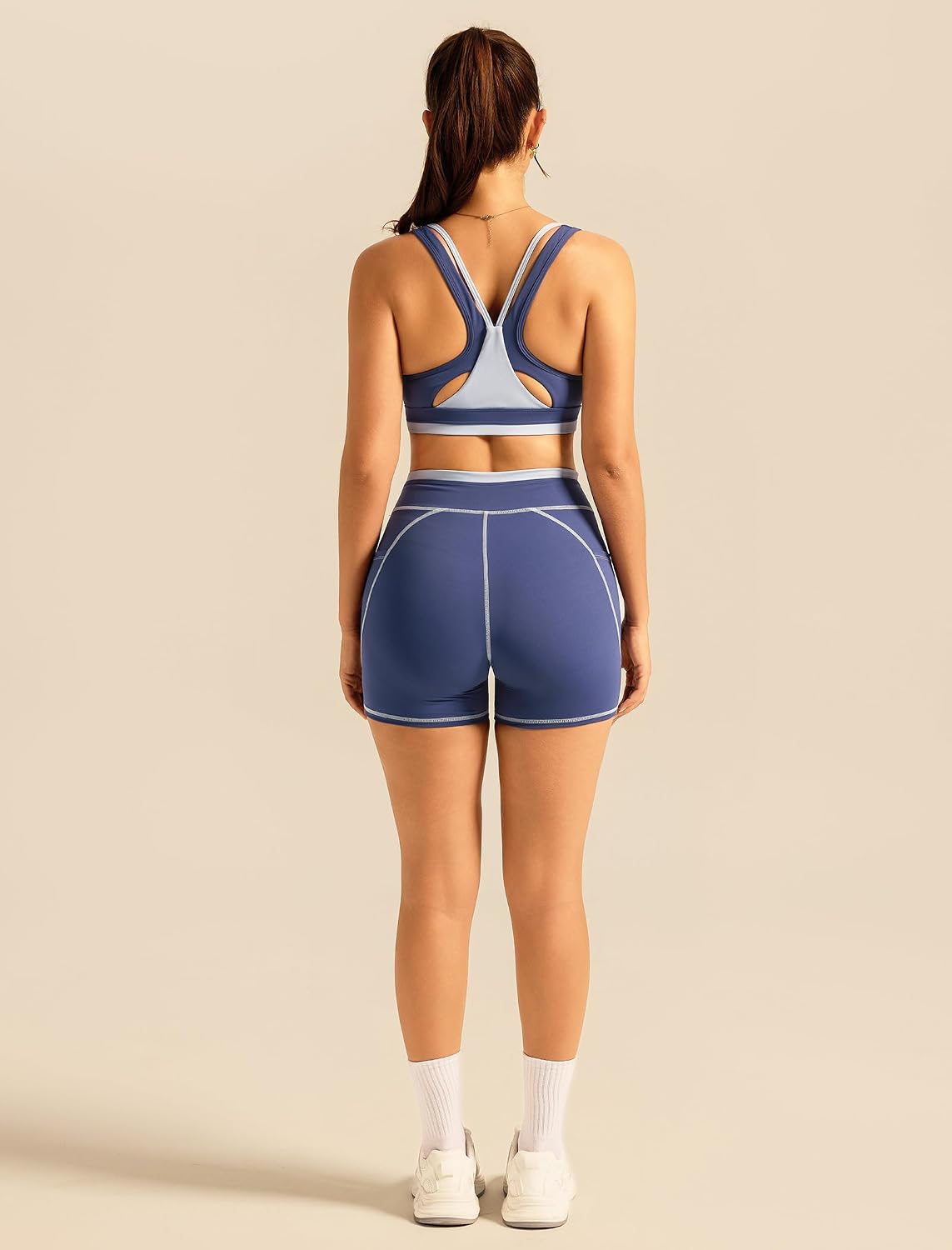 ABOCIW Womens Two Piece Workout Sets Color Block Sports Bra Matching High Waist Biker Shorts Active Gym Yoga Outfits