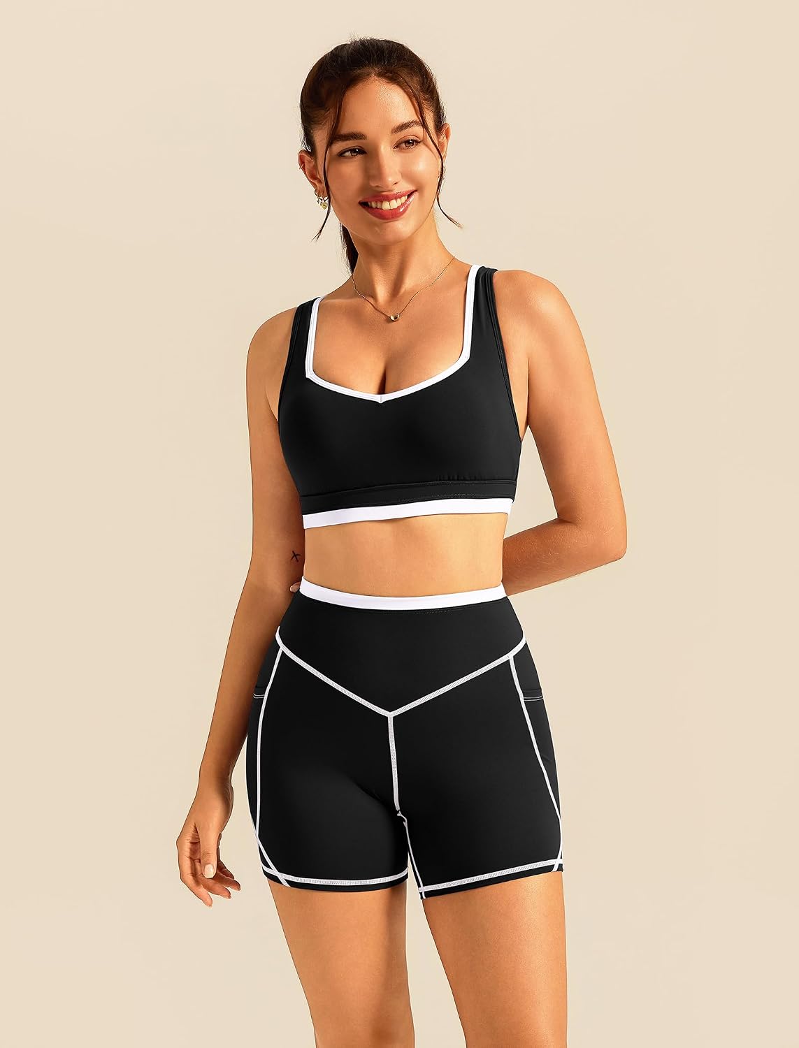 ABOCIW Womens Two Piece Workout Sets Color Block Sports Bra Matching High Waist Biker Shorts Active Gym Yoga Outfits