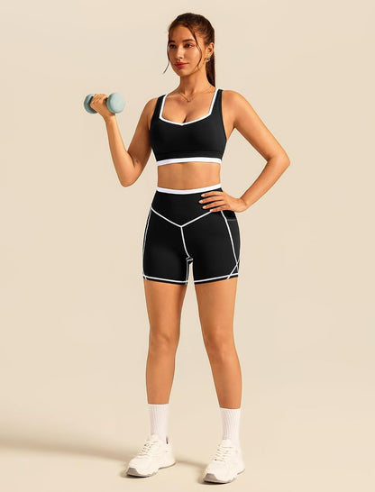 ABOCIW Womens Two Piece Workout Sets Color Block Sports Bra Matching High Waist Biker Shorts Active Gym Yoga Outfits