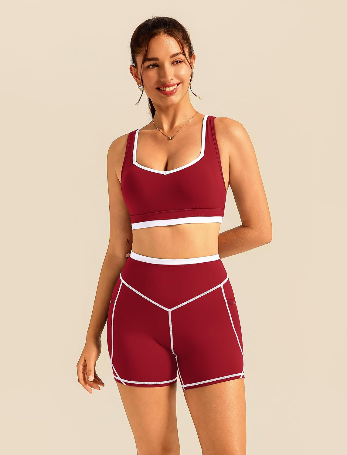 ABOCIW Womens Two Piece Workout Sets Color Block Sports Bra Matching High Waist Biker Shorts Active Gym Yoga Outfits