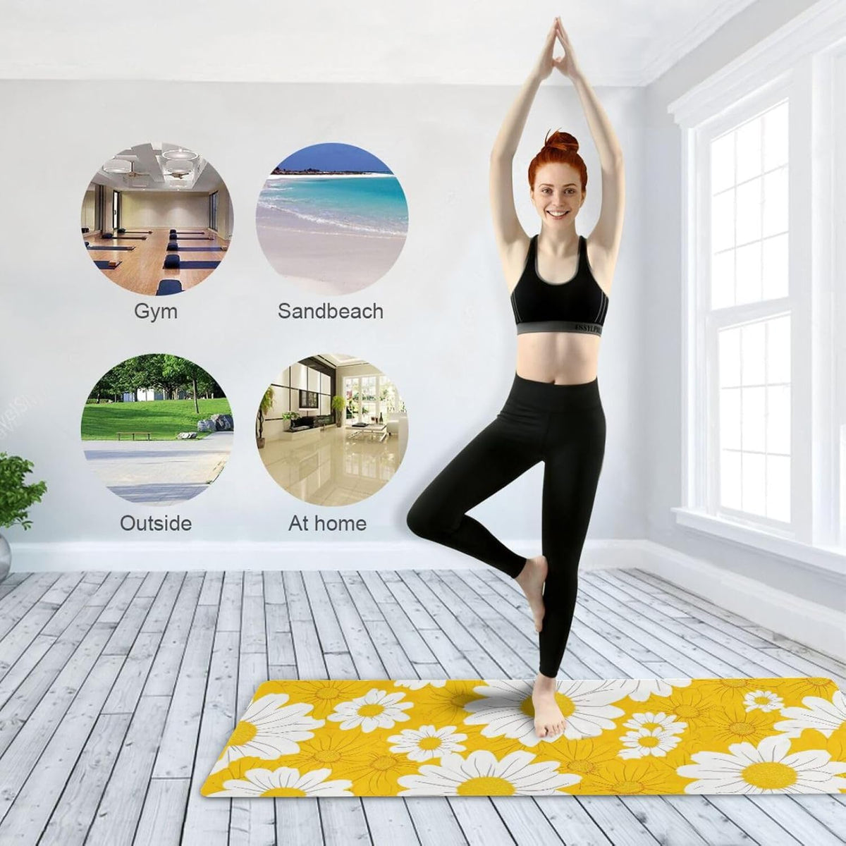 Yellow Daisy Yoga Mat Non-Slip Eco-Friendly Exercise Fitness Mat for Yoga Pilates and Floor Workouts for Women & Men, 71 x 26 in