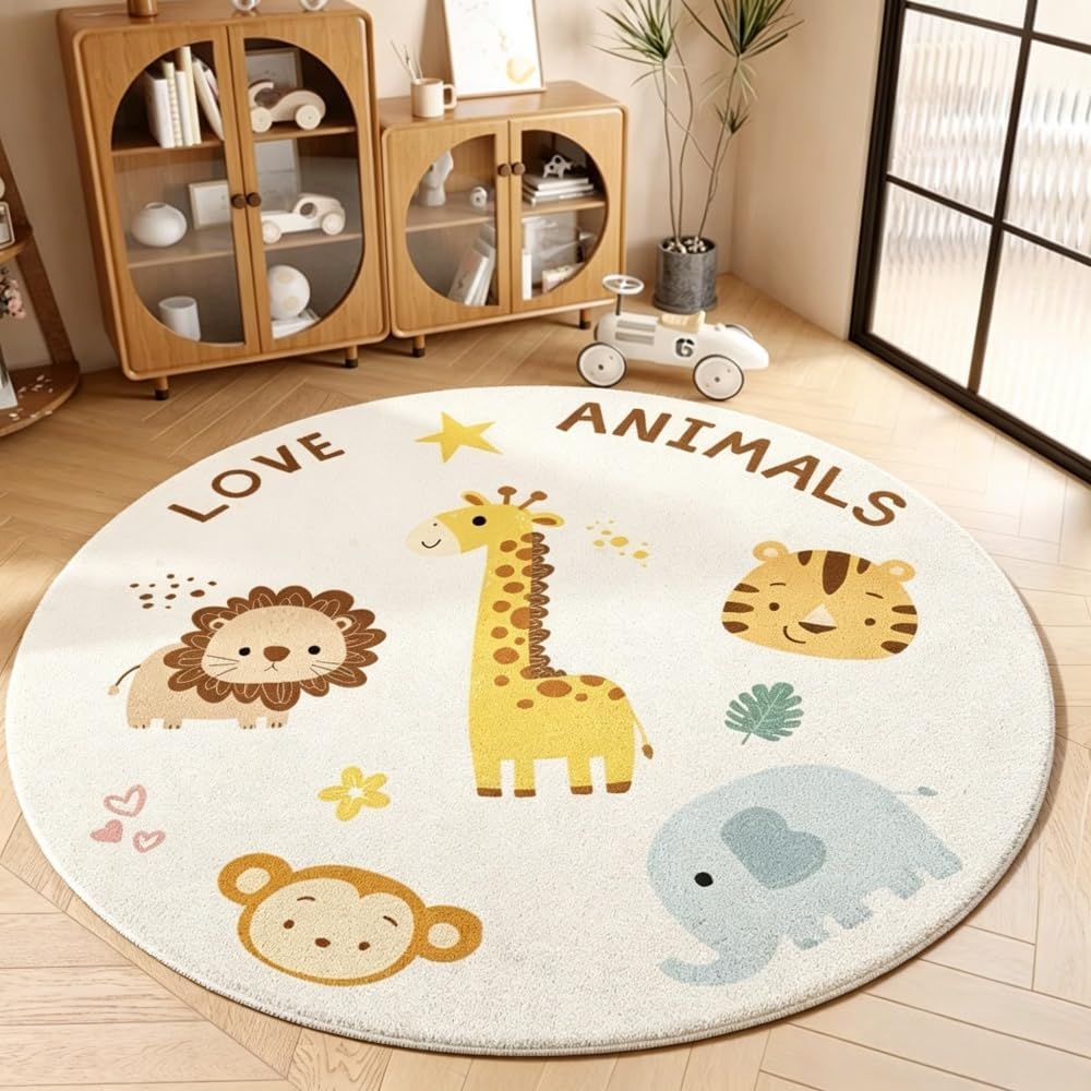 Cute Animals Round Rug,39.4“ Non Slip Soft Area Rugs for Living Room Bedroom