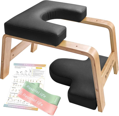 Yoga Headstand Bench- Stand Yoga Chair for Family, Gym - Wood and PU Pads - Relieve Fatigue and Build Up Body (Black), 24.50*15*15.40inch