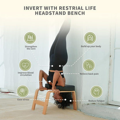Yoga Headstand Bench- Stand Yoga Chair for Family, Gym - Wood and PU Pads - Relieve Fatigue and Build Up Body (Black), 24.50*15*15.40inch