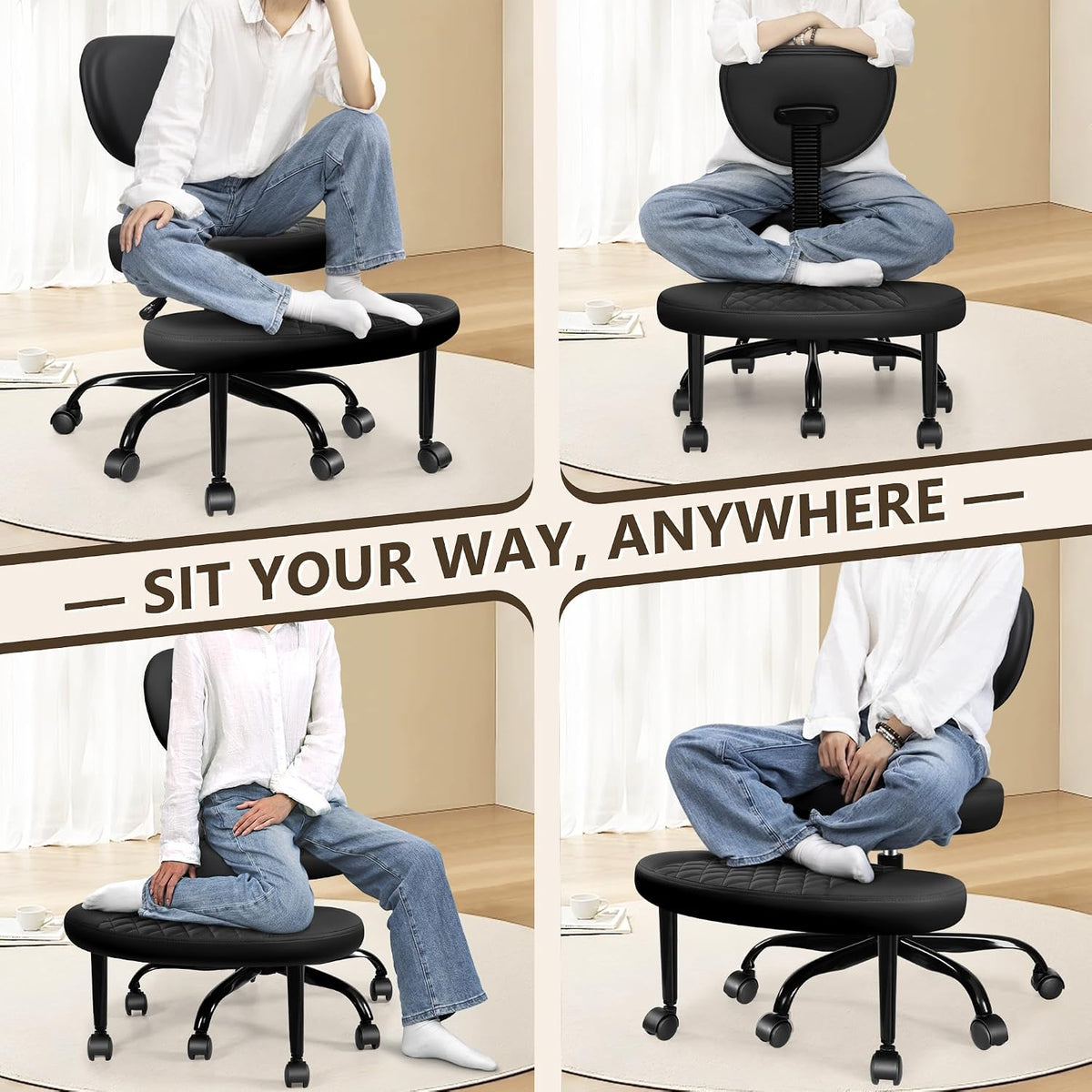 Cross Legged Office Chair, ADHD Chair with Wider Footrest and Wheels