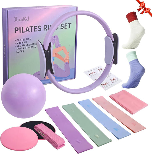 Pilates Kit, Home Pilates Workout Kit for Women, Pilates Equipment with 14" Pilates Ring and Ball, Resistance Bands, Sliders & Grip Socks Accessories for Starter Home Workouts