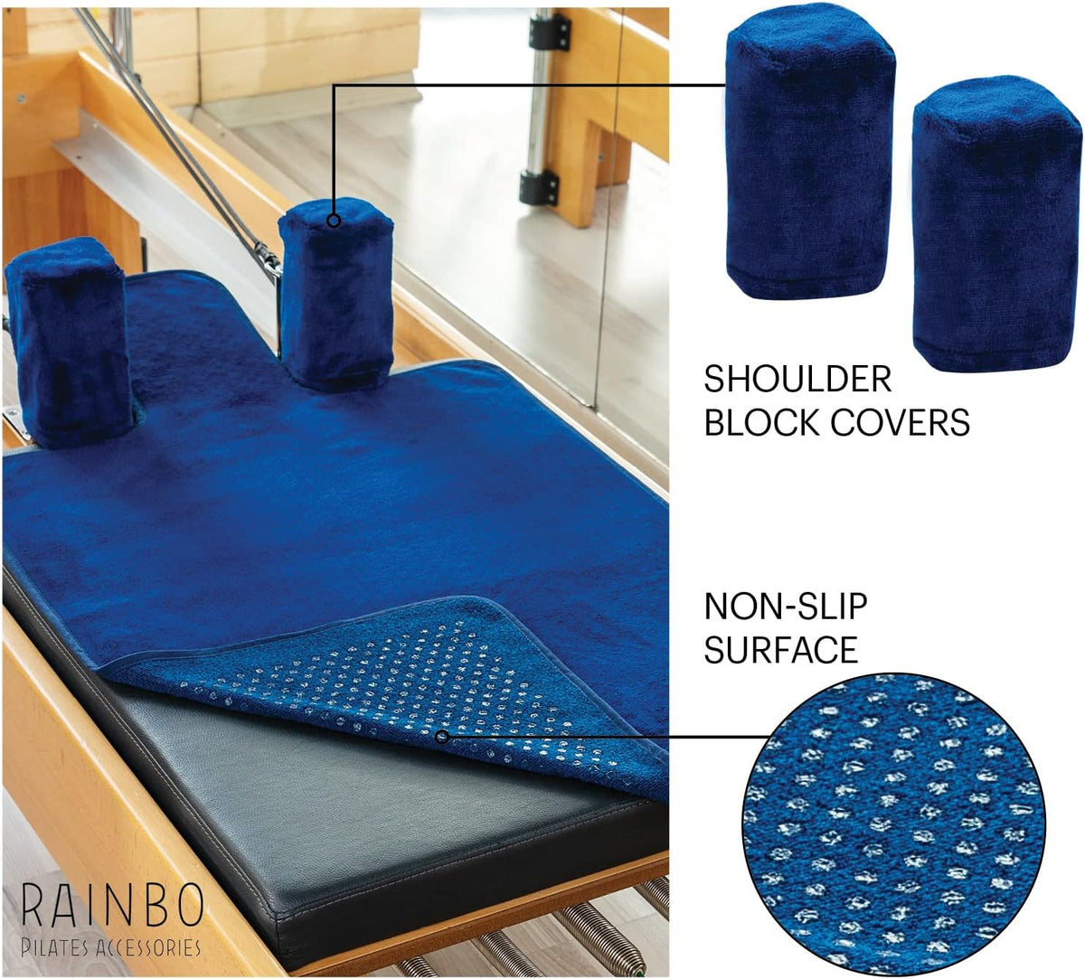 Pilates Reformer Non-Slip Mat Towel (Included 2 Pcs Shoulder Block Covers) (NAVY BLUE)