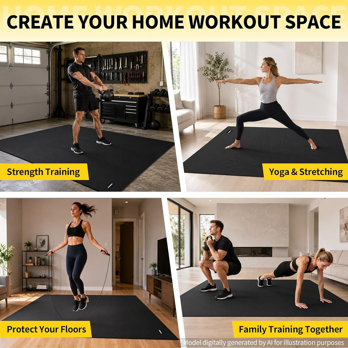 8'x6'/7'x5'/6'x4' Large Exercise Mat Workout Mat for Home Gym, 7mm
