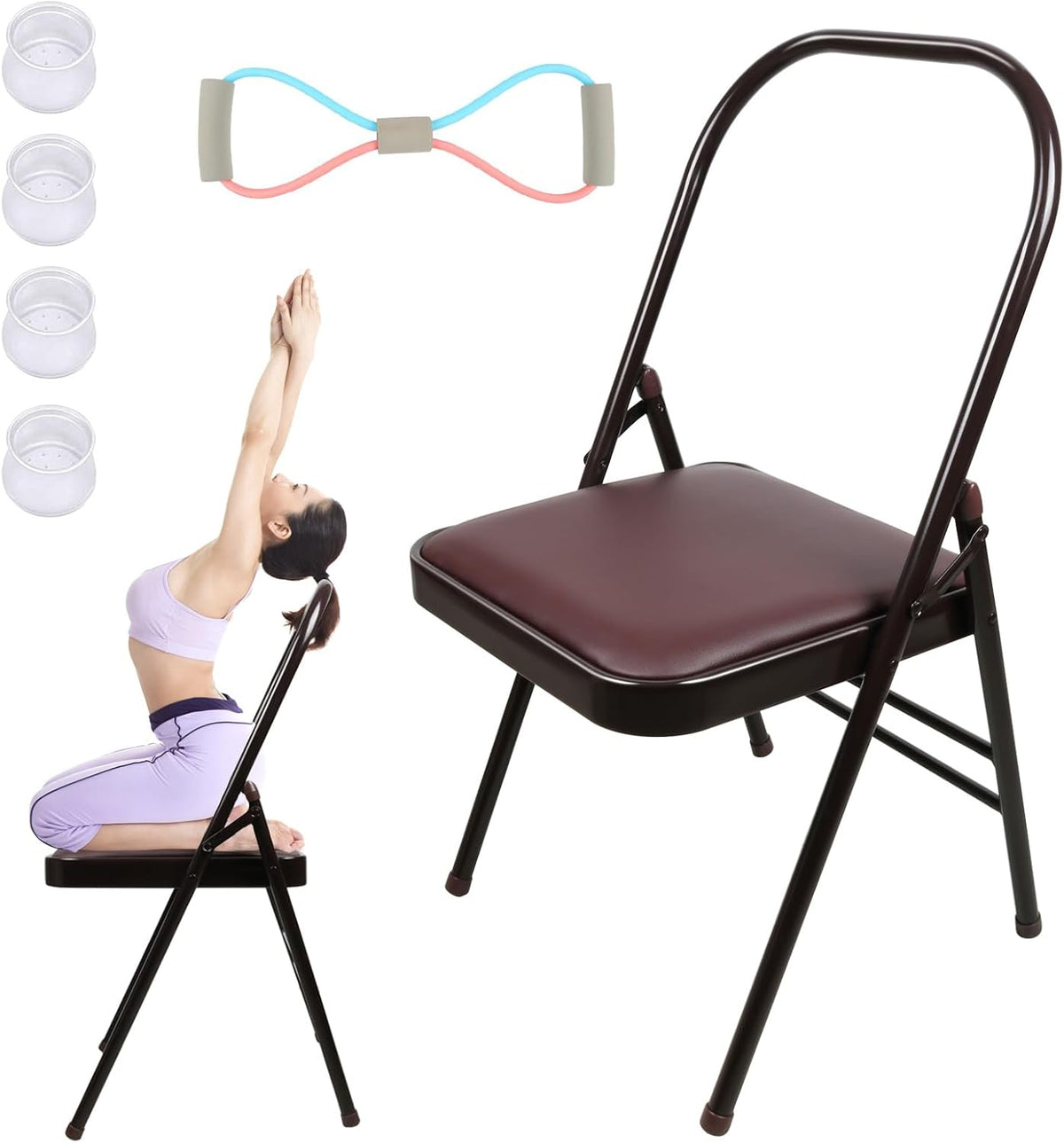 INNOLIFE Yoga Chair Set with Figure S Resistance Belt, Chair Leg Cap, Brown
