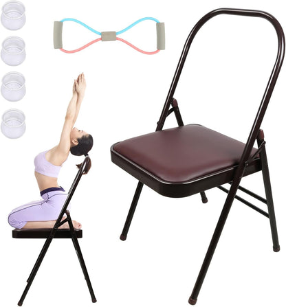 INNOLIFE Yoga Chair Set with Figure S Resistance Belt, Chair Leg Cap, Brown