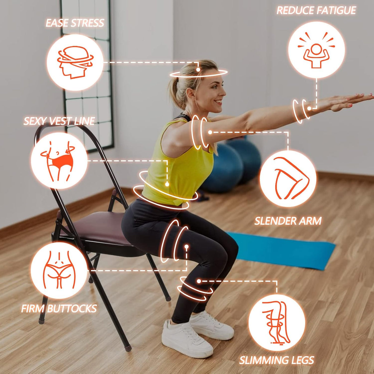 INNOLIFE Yoga Chair Set with Figure S Resistance Belt, Chair Leg Cap, Brown
