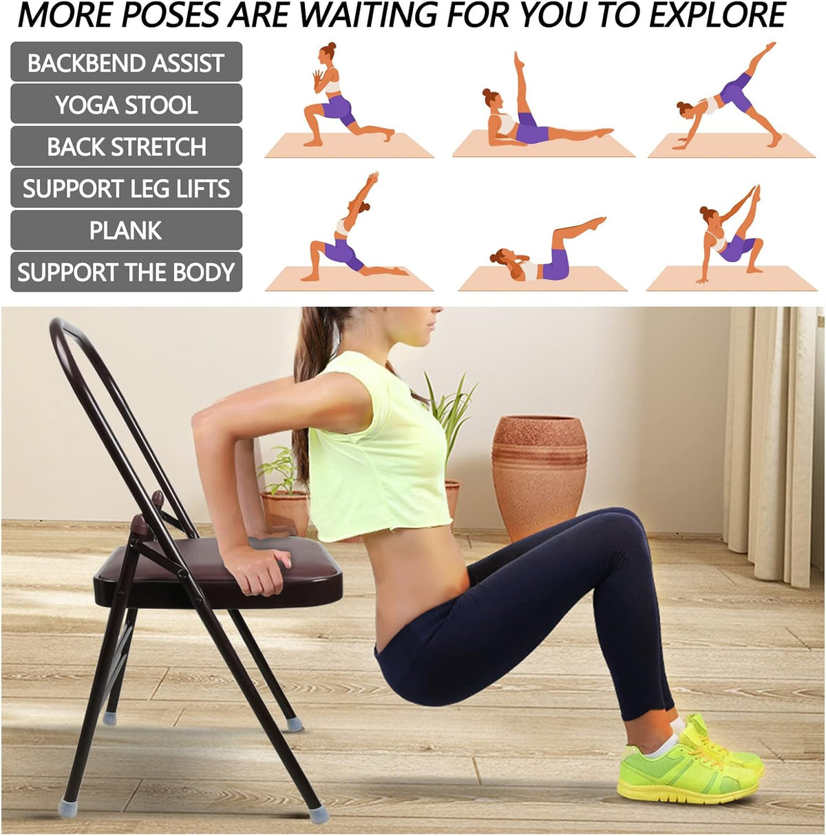 INNOLIFE Yoga Chair Set with Figure S Resistance Belt, Chair Leg Cap, Brown