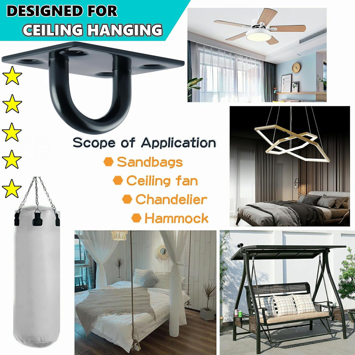 Black Ceiling Hook Pad Eye Plate Top Hooks Hanging Hardware,4Pcs