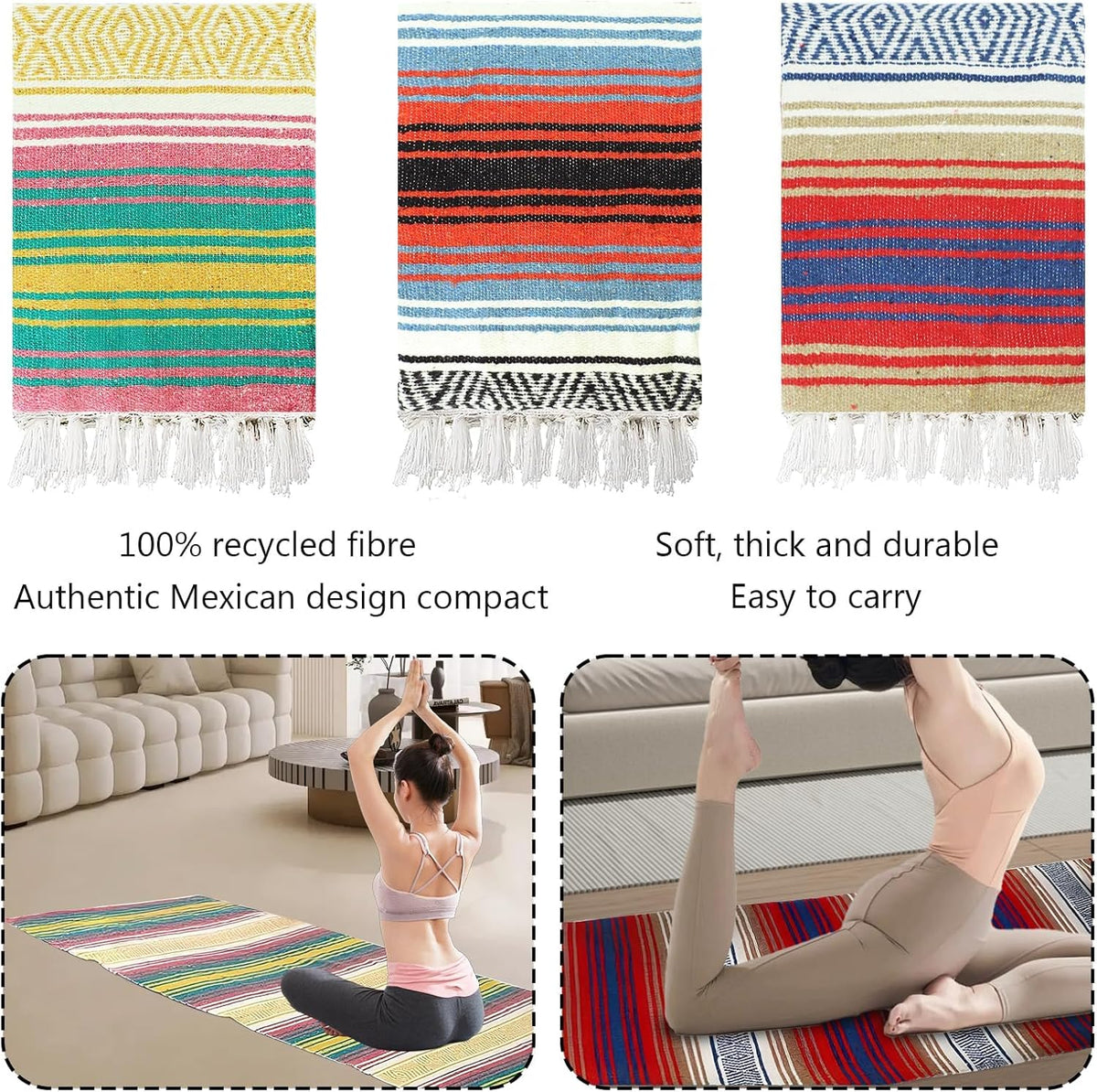 3 Pcs Mexican Blanket Bulk, 45 x 70 Inch Yoga Blanket Large Cotton Outdoor Camping Blankets with Fringed for Outdoor Beach Picnic Home Decor