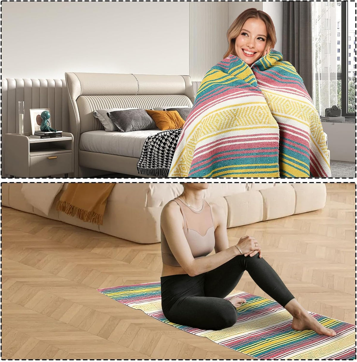 3 Pcs Mexican Blanket Bulk, 45 x 70 Inch Yoga Blanket Large Cotton Outdoor Camping Blankets with Fringed for Outdoor Beach Picnic Home Decor
