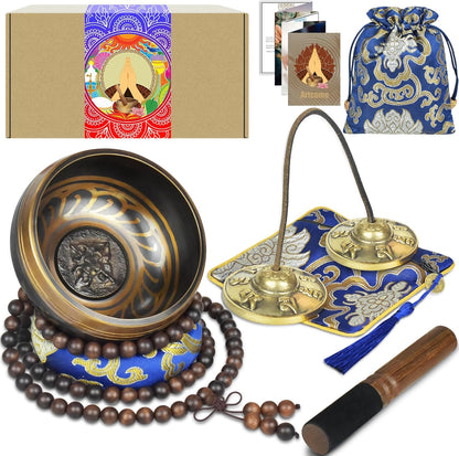 7PCS Tibetan Meditation Set - Tibetan Singing Bowl & Tibetan Tingsha Cymbals Bells Handmade in Nepal for Meditation, Yoga, Tranquility, Relaxation, Chakra Healing, Stress Relief & Mindfulness