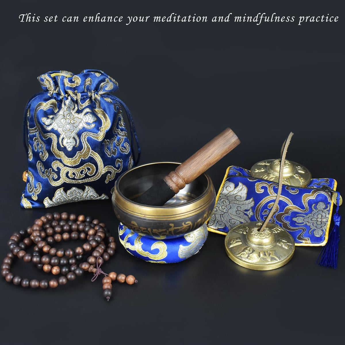 7PCS Tibetan Meditation Set - Tibetan Singing Bowl & Tibetan Tingsha Cymbals Bells Handmade in Nepal for Meditation, Yoga, Tranquility, Relaxation, Chakra Healing, Stress Relief & Mindfulness