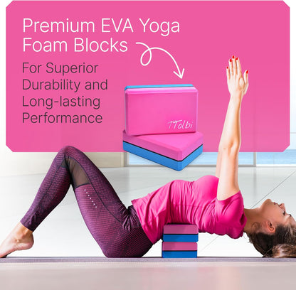 Yoga Blocks 2 Pack with Strap and Guide – Soft Non-Slip EVA Foam Blocks