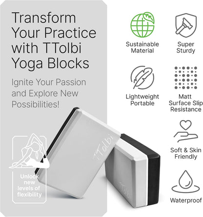 Yoga Blocks 2 Pack with Strap and Guide – Soft Non-Slip EVA Foam Blocks