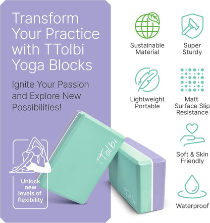 Yoga Blocks 2 Pack with Strap and Guide – Soft Non-Slip EVA Foam Blocks