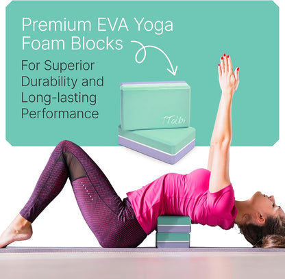 Yoga Blocks 2 Pack with Strap and Guide – Soft Non-Slip EVA Foam Blocks