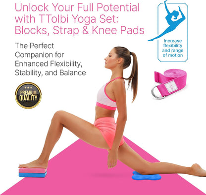 Yoga Blocks 2 Pack with Strap and Guide – Soft Non-Slip EVA Foam Blocks